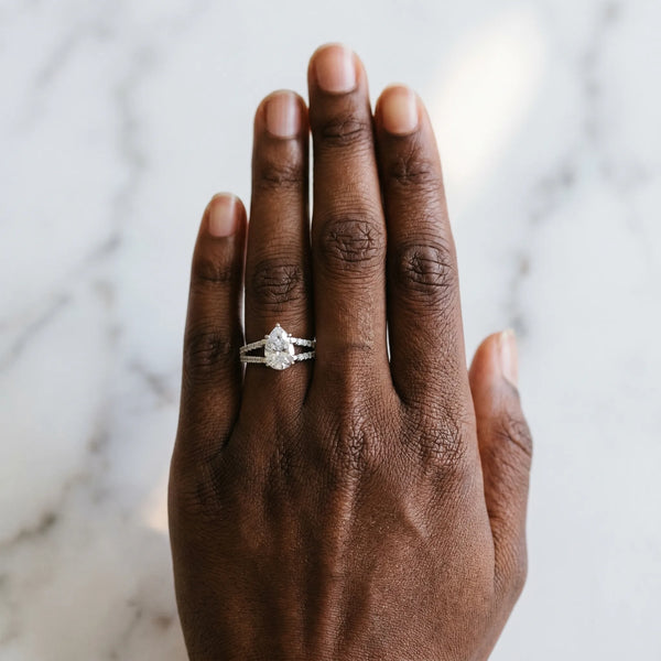 Platinum Pear-Shaped Split Shank Solitaire Engagement Ring Setting with Double Pave Strands