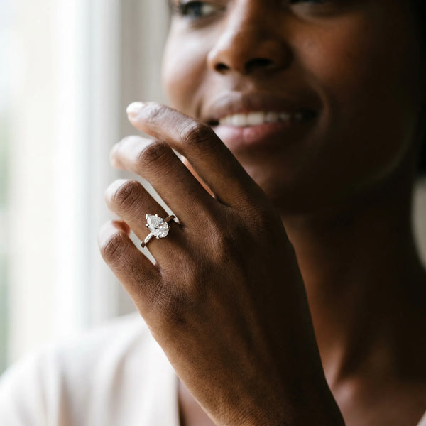 White Gold Pear-Shaped Floral Solitaire Engagement Ring Setting with Flower Head and Plain Band