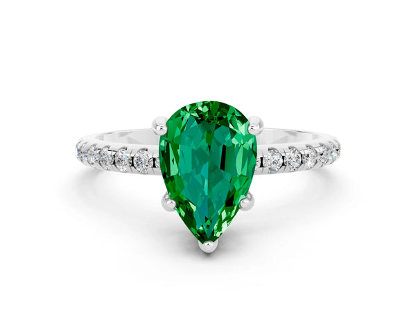Platinum Pear Cut Emerald Hidden Halo Engagement Ring with Round Pavé Band and Prong Setting