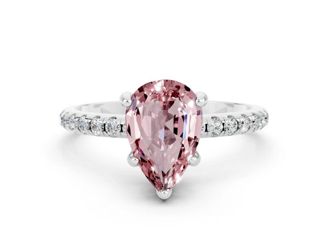 White gold Pear Cut Diamond Solitaire Ring with Four-Prong Setting and Pavé Band