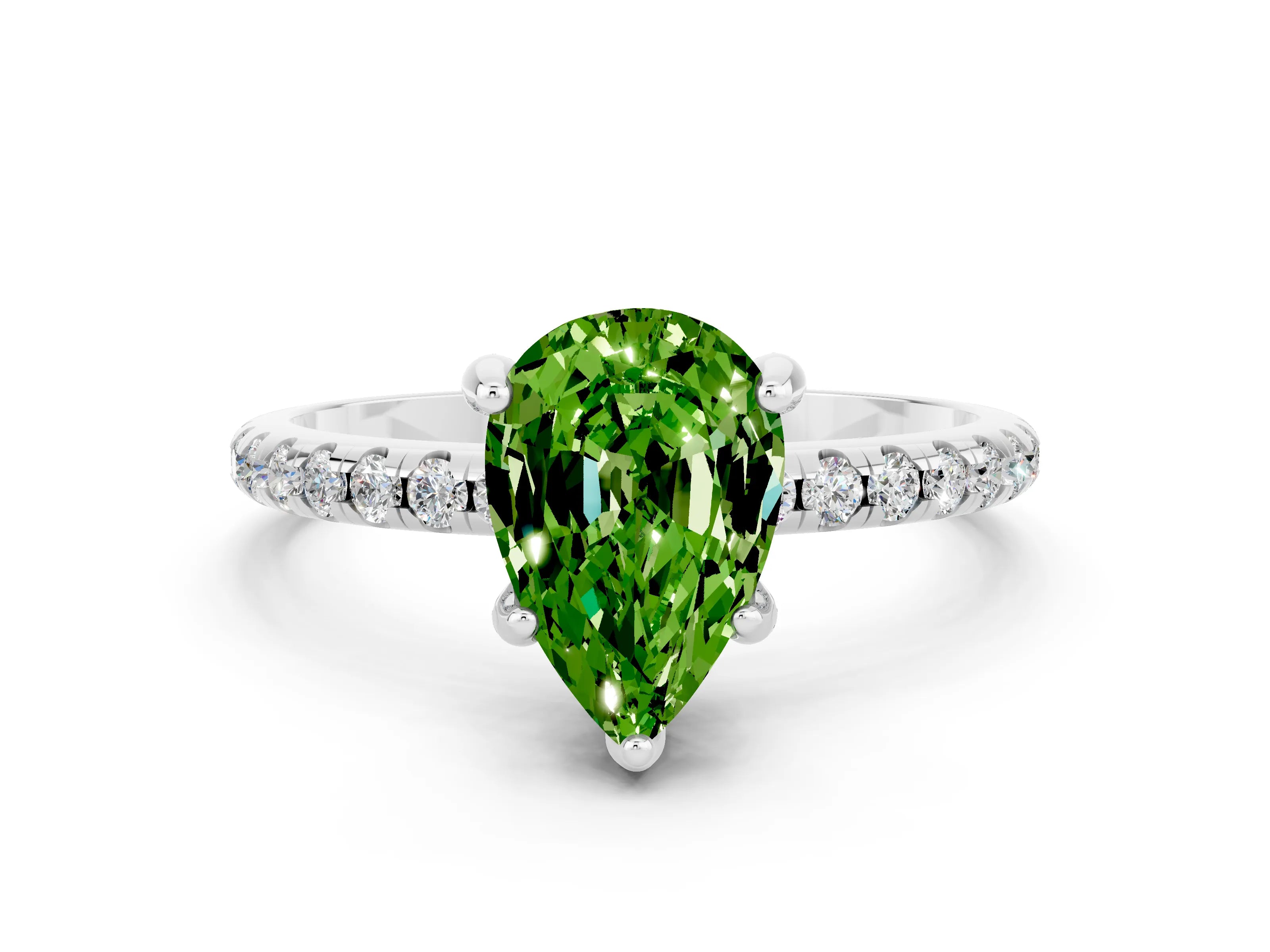 White gold Pear Cut Diamond Solitaire Ring with Four-Prong Setting and Pavé Band