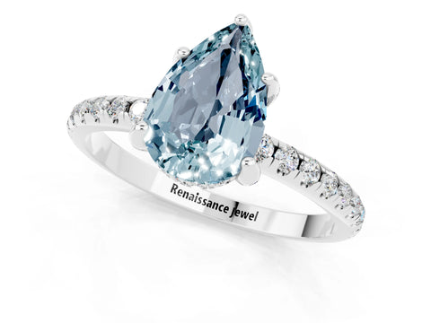 White gold Pear Cut Diamond Solitaire Ring with Four-Prong Setting and Pavé Band_1