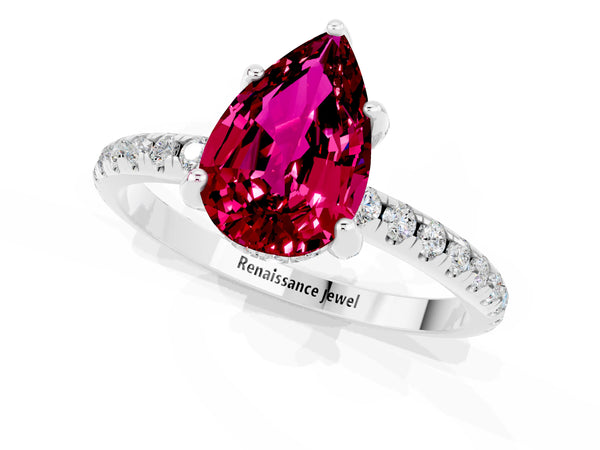 Silver Pear Cut Garnet Hidden Halo Engagement Ring with Round Pavé Band and Prong Setting
