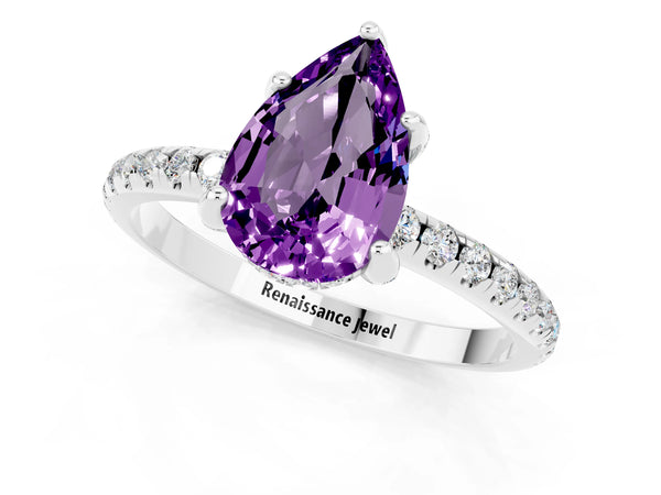 Platinum Pear Cut Amethyst Hidden Halo Engagement Ring with Round Pavé Band and Prong Setting