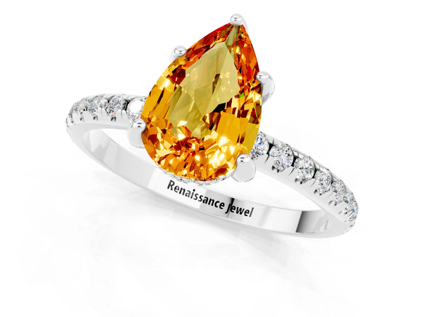 Silver Pear Cut Citrine Hidden Halo Engagement Ring with Round Pavé Band and Prong Setting