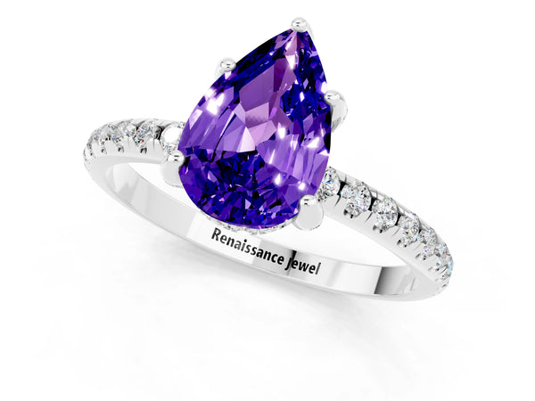 White gold Pear Cut Tanzanite Hidden Halo Engagement Ring with Round Pavé Band and Prong Setting
