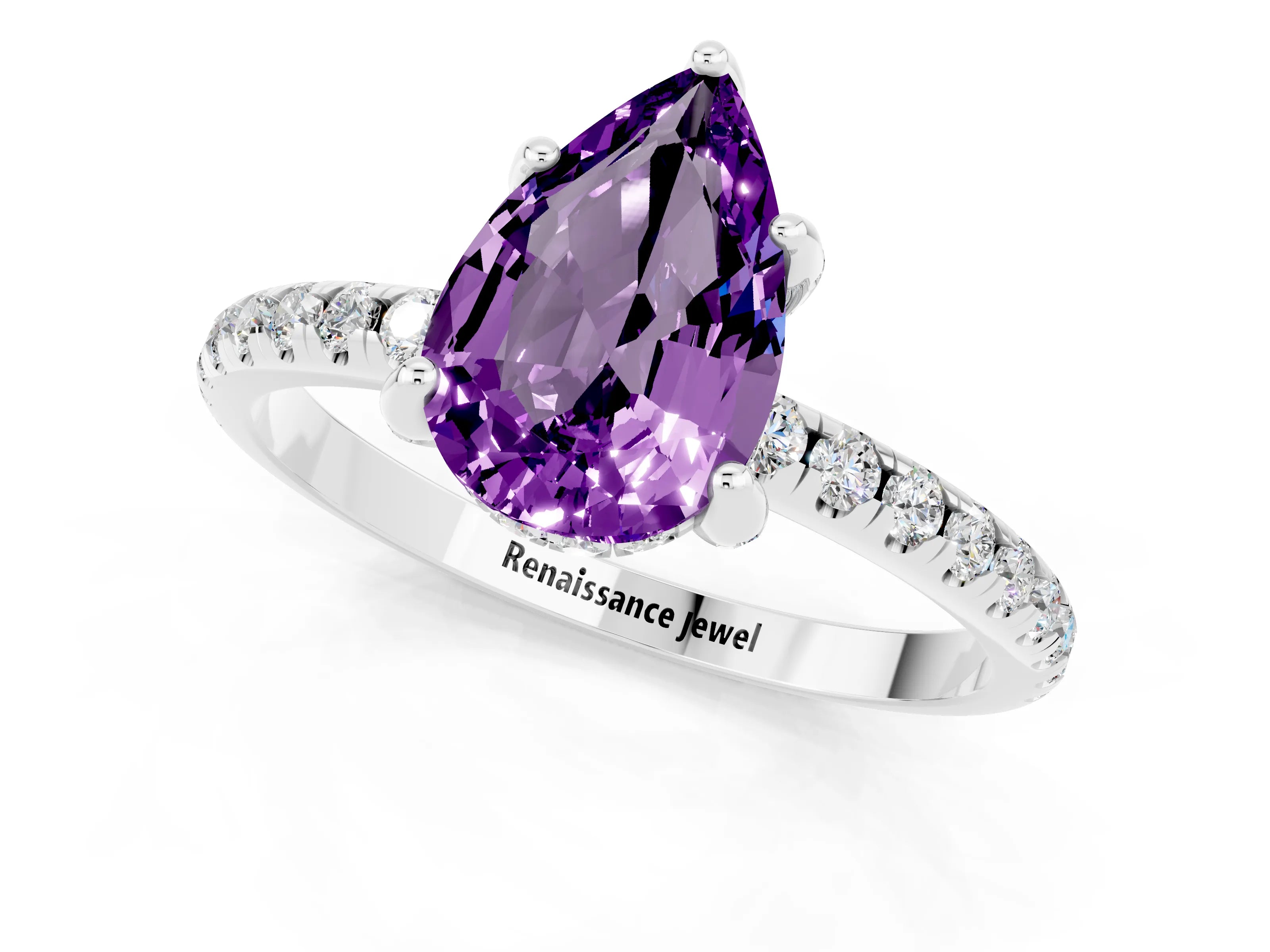 White gold Pear Cut Diamond Solitaire Ring with Four-Prong Setting and Pavé Band_1