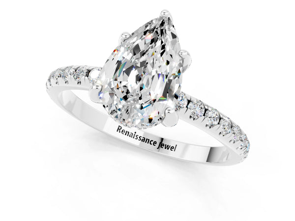 White gold Pear Cut Moissanite Hidden Halo Engagement Ring with Round Pavé Band and Prong Setting