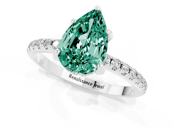 Platinum Pear Cut Green Sapphire Hidden Halo Engagement Ring with Round Pavé Band and Prong Setting