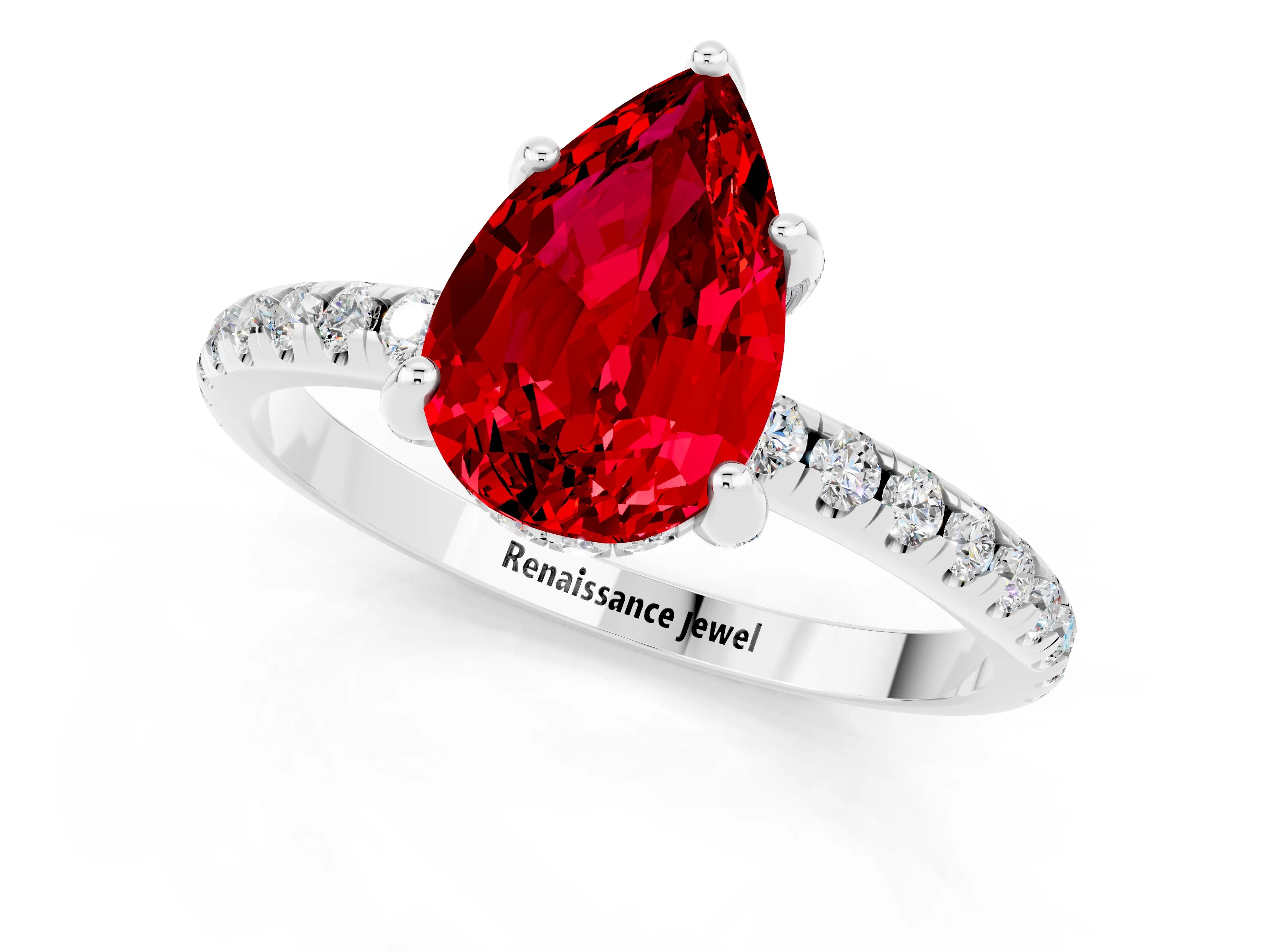 White gold Pear Cut Diamond Solitaire Ring with Four-Prong Setting and Pavé Band_1