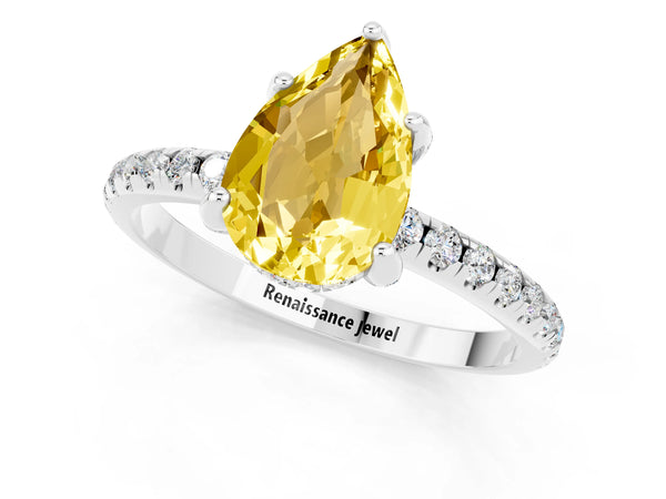 Silver Pear Cut Yellow Sapphire Hidden Halo Engagement Ring with Round Pavé Band and Prong Setting