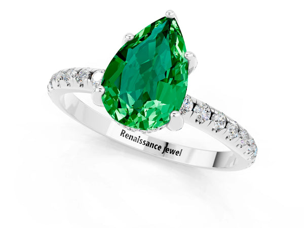 White gold Pear Cut Emerald Hidden Halo Engagement Ring with Round Pavé Band and Prong Setting