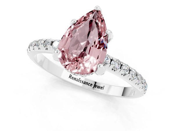 Silver Pear Cut Diamond Solitaire Ring with Four-Prong Setting and Pavé Band