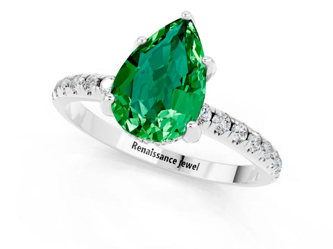 White gold Pear Cut Diamond Solitaire Ring with Four-Prong Setting and Pavé Band_1