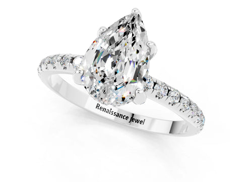 White gold Pear Cut Diamond Solitaire Ring with Four-Prong Setting and Pavé Band_1