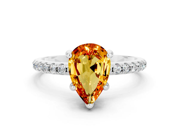 Silver Pear Cut Citrine Hidden Halo Engagement Ring with Round Pavé Band and Prong Setting