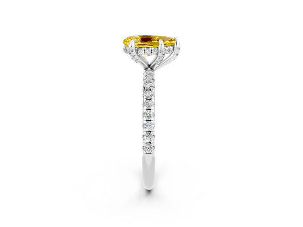 White gold Pear Cut Yellow Sapphire Hidden Halo Engagement Ring with Round Pavé Band and Prong Setting