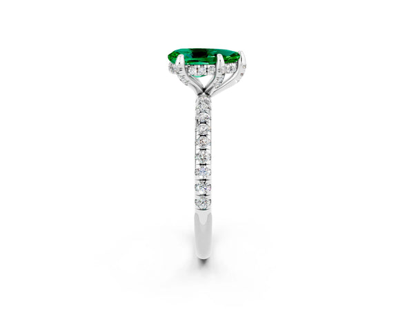 Platinum Pear Cut Emerald Hidden Halo Engagement Ring with Round Pavé Band and Prong Setting