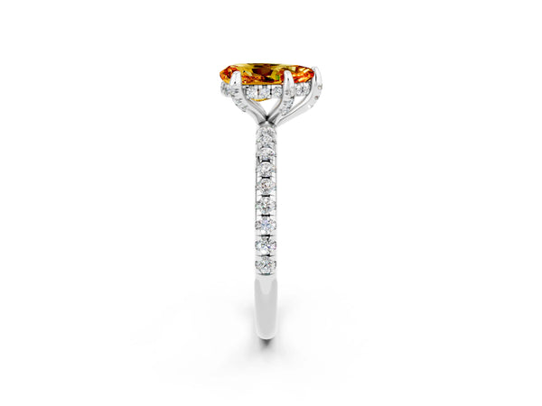 White gold Pear Cut Citrine Hidden Halo Engagement Ring with Round Pavé Band and Prong Setting