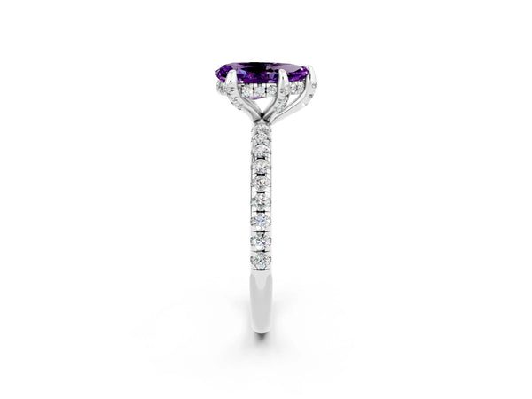 Platinum Pear Cut Amethyst Hidden Halo Engagement Ring with Round Pavé Band and Prong Setting