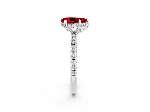 Platinum Pear Cut Diamond Solitaire Ring with Four-Prong Setting and Pavé Band
