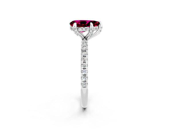 Platinum Pear Cut Garnet Hidden Halo Engagement Ring with Round Pavé Band and Prong Setting