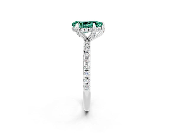 Platinum Pear Cut Green Sapphire Hidden Halo Engagement Ring with Round Pavé Band and Prong Setting