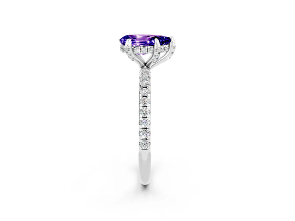 Silver Pear Cut Tanzanite Hidden Halo Engagement Ring with Round Pavé Band and Prong Setting