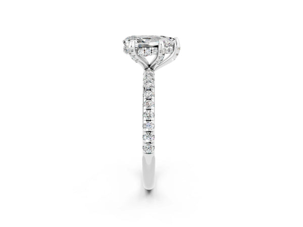 White gold Pear Cut Moissanite Hidden Halo Engagement Ring with Round Pavé Band and Prong Setting