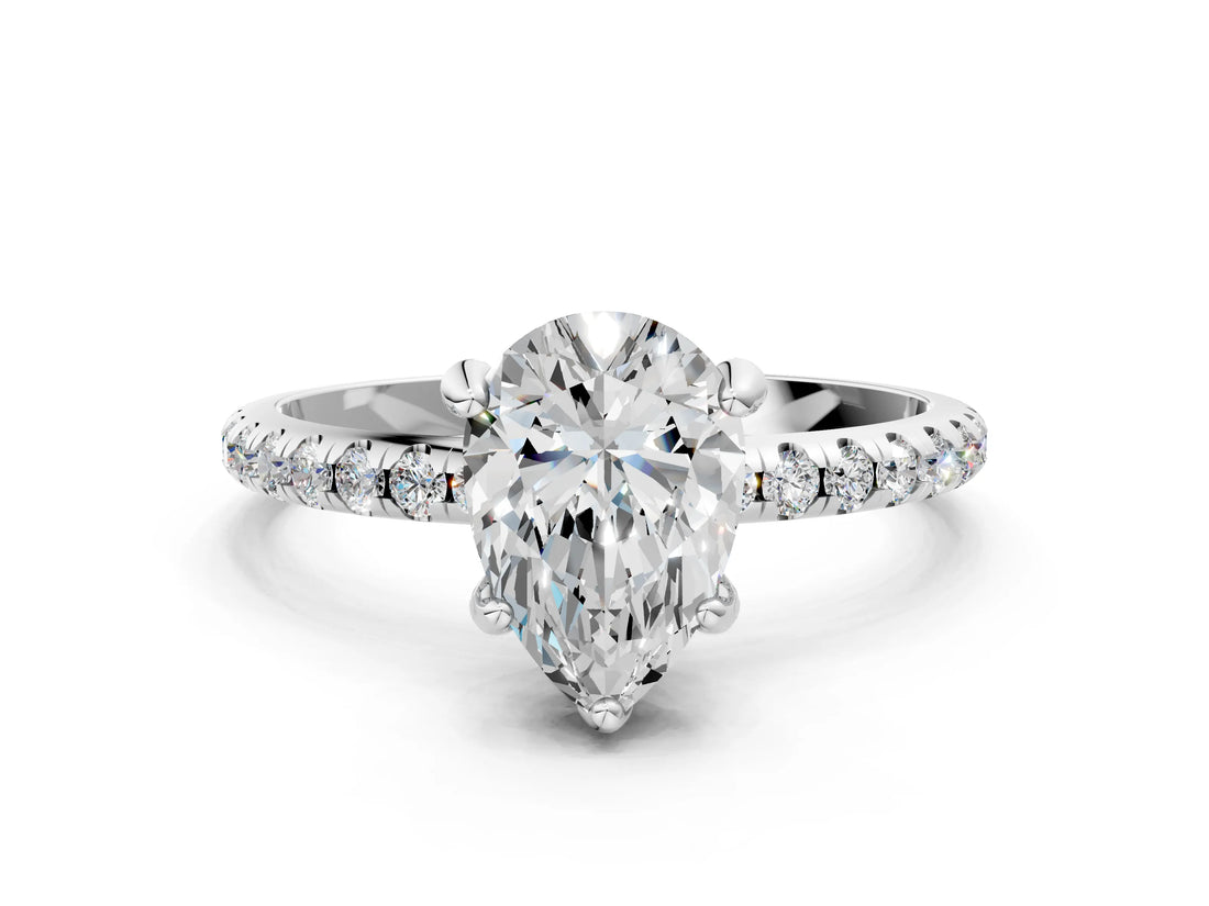 White gold Pear Cut Diamond Solitaire Ring with Four-Prong Setting and Pavé Band_3