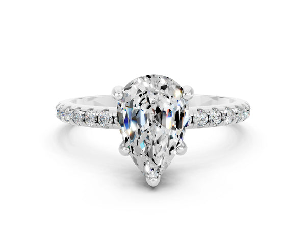 White gold Pear Cut Moissanite Hidden Halo Engagement Ring with Round Pavé Band and Prong Setting