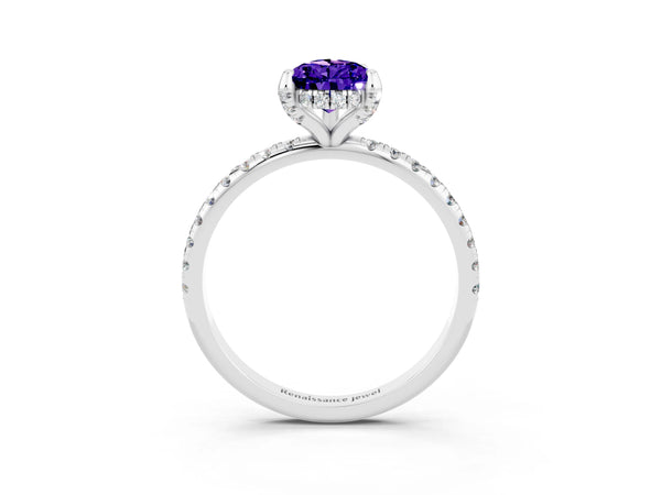 Silver Pear Cut Tanzanite Hidden Halo Engagement Ring with Round Pavé Band and Prong Setting