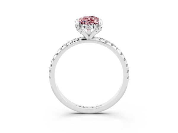 Platinum Pear Cut Diamond Solitaire Ring with Four-Prong Setting and Pavé Band