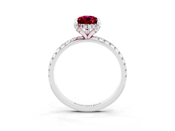 Silver Pear Cut Garnet Hidden Halo Engagement Ring with Round Pavé Band and Prong Setting