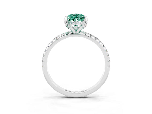 White gold Pear Cut Green Sapphire Hidden Halo Engagement Ring with Round Pavé Band and Prong Setting