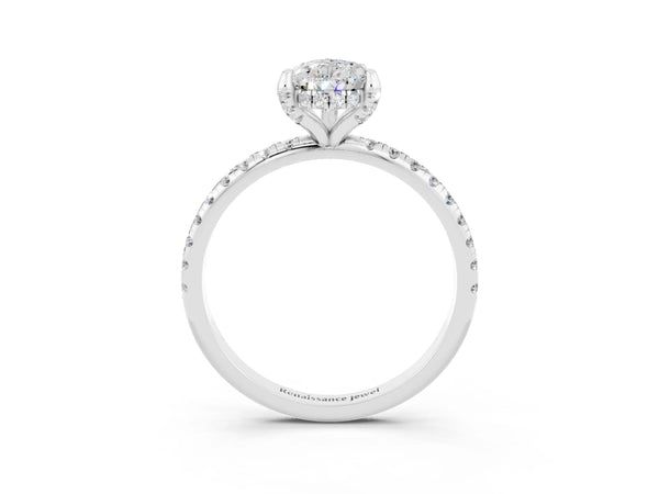 White gold Pear Cut Moissanite Hidden Halo Engagement Ring with Round Pavé Band and Prong Setting