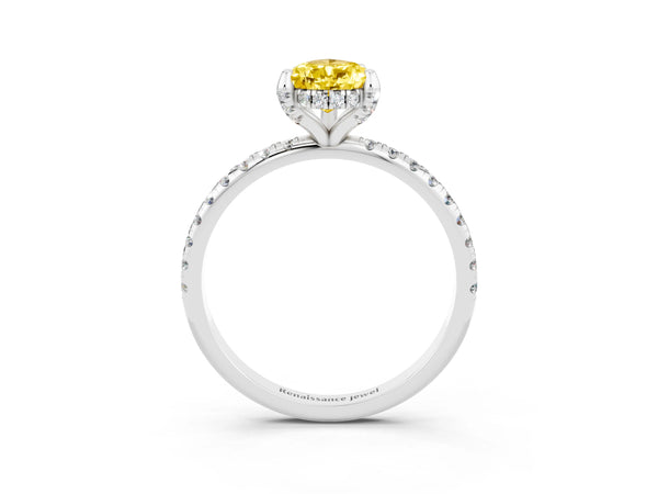 Silver Pear Cut Yellow Sapphire Hidden Halo Engagement Ring with Round Pavé Band and Prong Setting