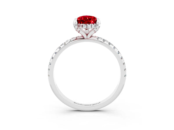 Silver Pear Cut Diamond Solitaire Ring with Four-Prong Setting and Pavé Band