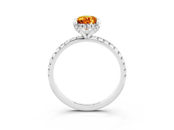 Silver Pear Cut Citrine Hidden Halo Engagement Ring with Round Pavé Band and Prong Setting