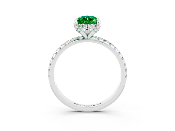 Platinum Pear Cut Emerald Hidden Halo Engagement Ring with Round Pavé Band and Prong Setting