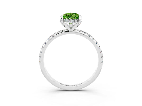 Platinum Pear Cut Diamond Solitaire Ring with Four-Prong Setting and Pavé Band