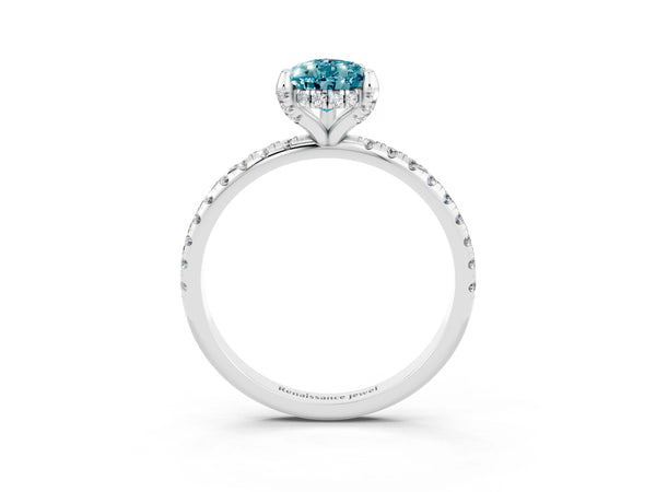 Platinum Pear Cut Diamond Solitaire Ring with Four-Prong Setting and Pavé Band