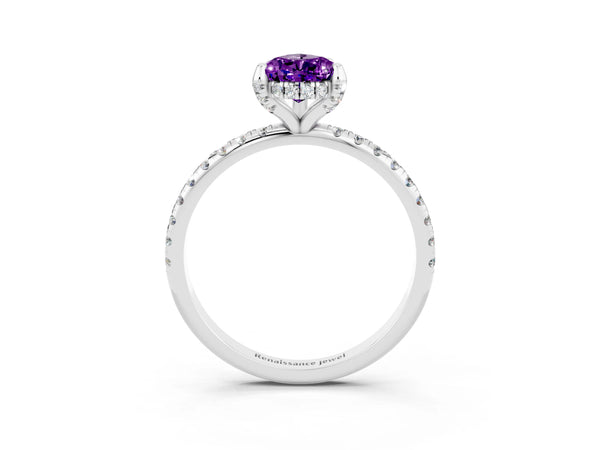 Platinum Pear Cut Amethyst Hidden Halo Engagement Ring with Round Pavé Band and Prong Setting