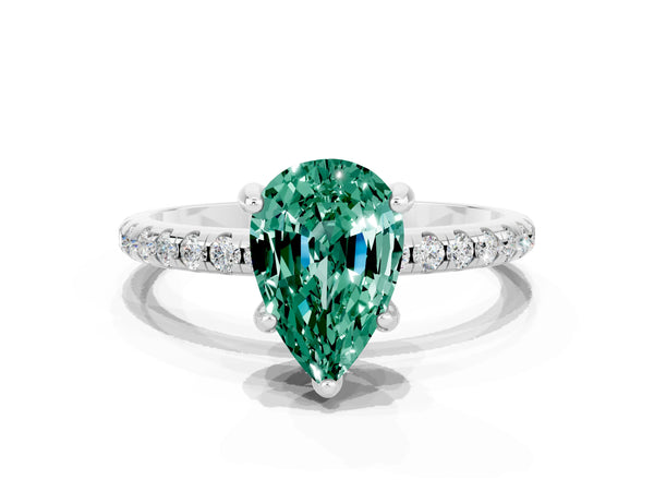 Silver Pear Cut Green Sapphire Hidden Halo Engagement Ring with Round Pavé Band and Prong Setting