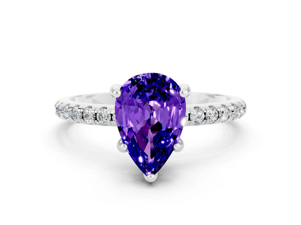 Silver Pear Cut Tanzanite Hidden Halo Engagement Ring with Round Pavé Band and Prong Setting