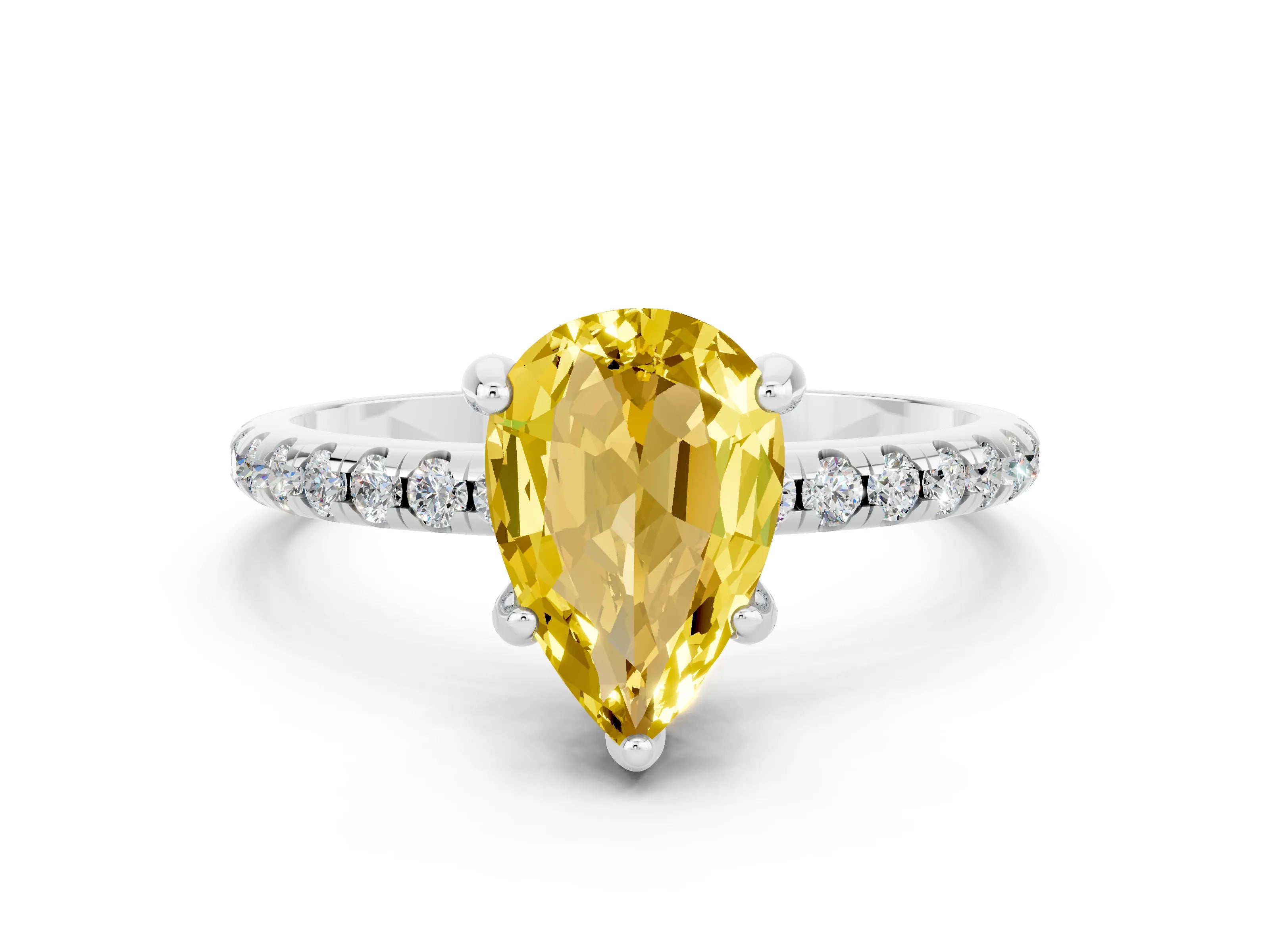 White gold Pear Cut Diamond Solitaire Ring with Four-Prong Setting and Pavé Band