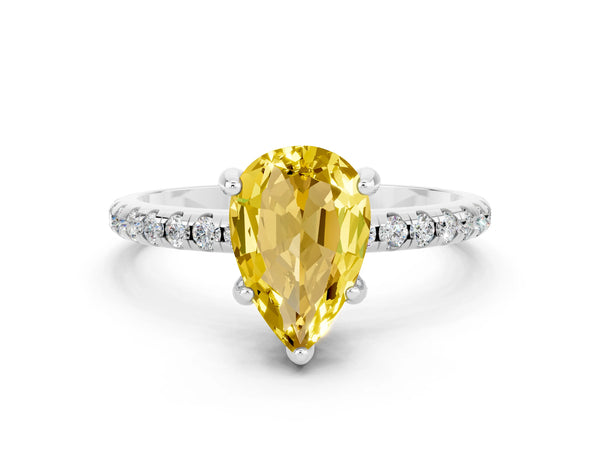 White gold Pear Cut Yellow Sapphire Hidden Halo Engagement Ring with Round Pavé Band and Prong Setting