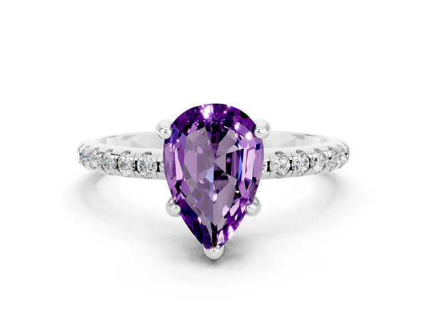 White gold Pear Cut Amethyst Hidden Halo Engagement Ring with Round Pavé Band and Prong Setting