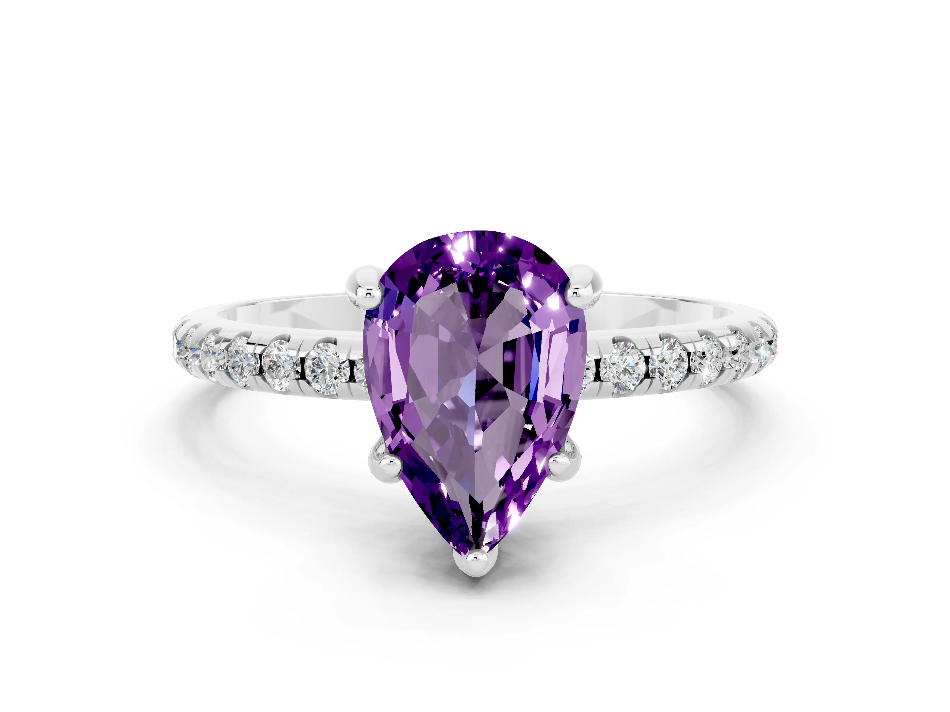 White gold Pear Cut Diamond Solitaire Ring with Four-Prong Setting and Pavé Band