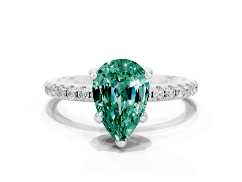White gold Pear Cut Diamond Solitaire Ring with Four-Prong Setting and Pavé Band